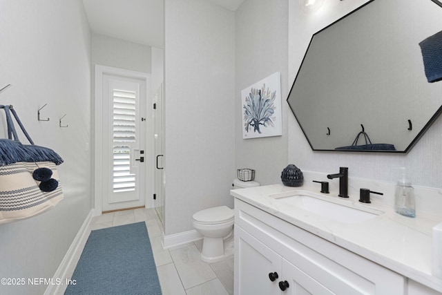 264 N Roscoe Blvd, Palm Valley, FL 32082 - bathroom with vanity, a shower with shower door, tile patterned floors, and toilet