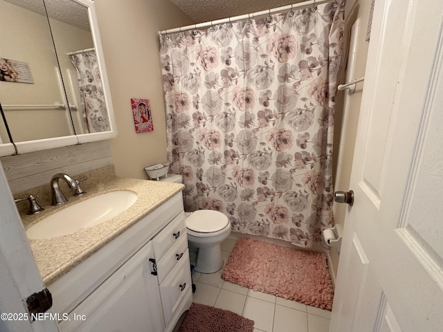 7020 Prestwick Cir N, Jacksonville, FL 32244 - full bath with vanity, a shower with curtain, tile patterned flooring, a textured ceiling, and toilet