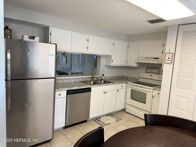 7020 Prestwick Cir N, Jacksonville, FL 32244 - kitchen featuring under cabinet range hood, white cabinetry, stainless steel appliances, and a sink