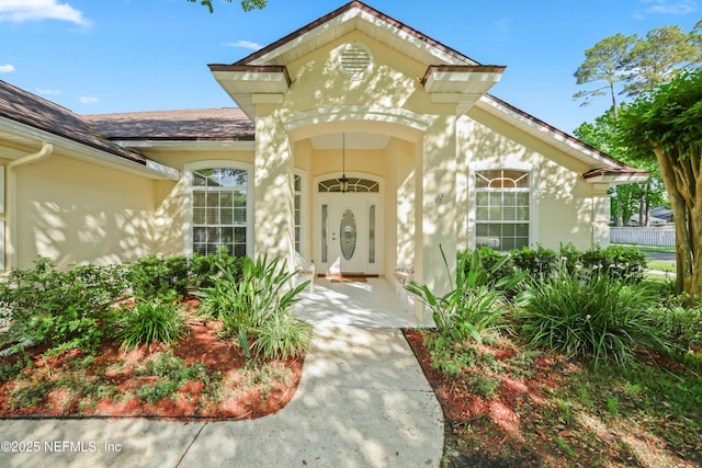 doorway to property featuring roof with shingles and stucco siding