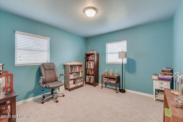 sitting room with a textured ceiling and light colored carpet