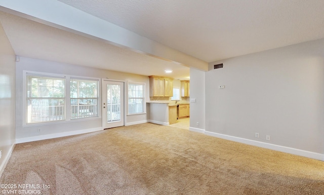 unfurnished living room featuring light carpet