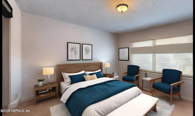 carpeted bedroom with a textured ceiling