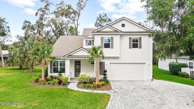 view of front of property featuring a front lawn, a garage, and covered porch