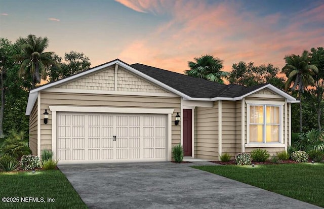 single story home featuring a lawn and a garage