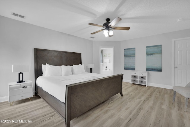 bedroom with a textured ceiling, ceiling fan, and light wood-type flooring