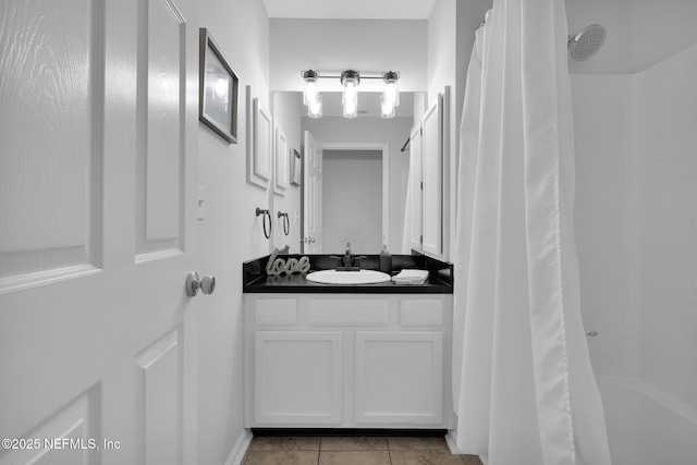 bathroom with tile patterned flooring, shower / bath combination with curtain, and vanity