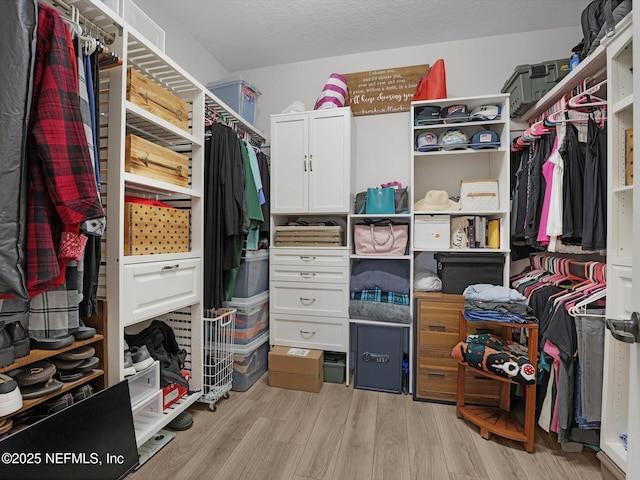 walk in closet with light wood-type flooring