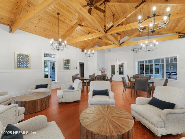 living room featuring high vaulted ceiling, wooden ceiling, hardwood / wood-style floors, and beamed ceiling