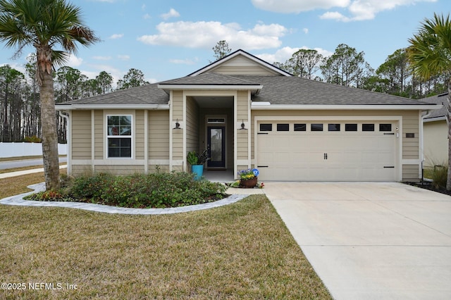 view of front of property with a front yard and a garage