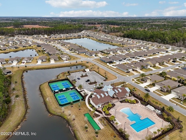 aerial view featuring a water view