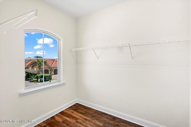 walk in closet with wood finished floors