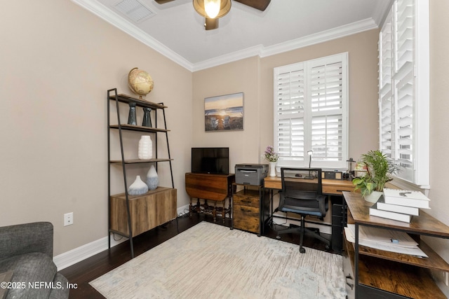 office space featuring dark wood-type flooring, ceiling fan, and ornamental molding