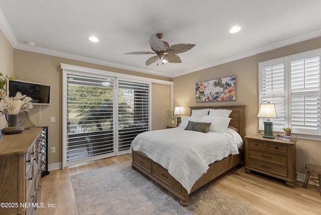 bedroom featuring ornamental molding, access to outside, ceiling fan, and light wood-type flooring