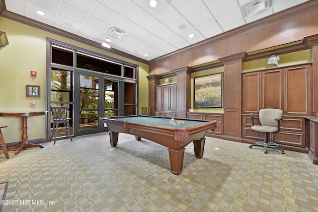 playroom featuring crown molding, light carpet, pool table, and french doors