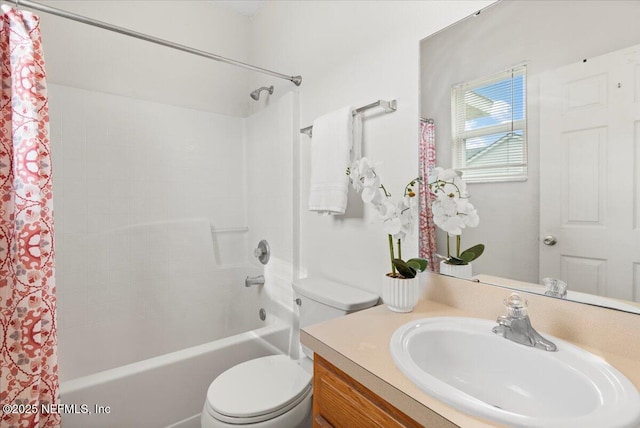 full bathroom with toilet, vanity, and shower / tub combo with curtain