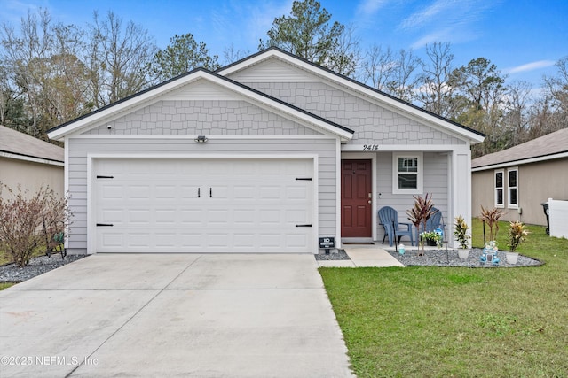 ranch-style house with a front yard and a garage