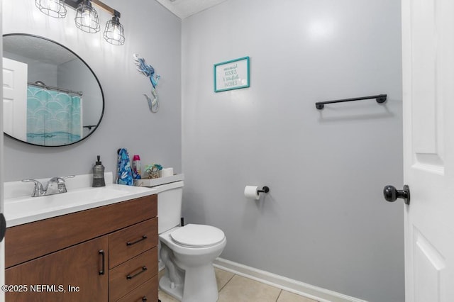 bathroom with toilet, a shower with shower curtain, tile patterned flooring, and vanity