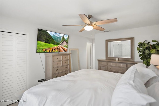 bedroom with ceiling fan and a closet