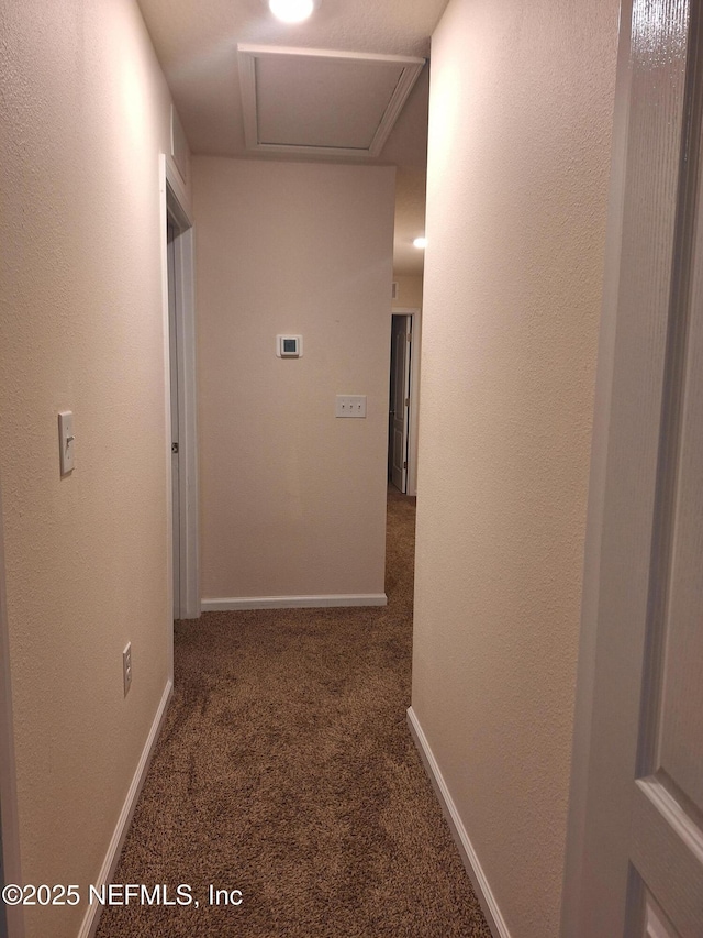 hallway with dark colored carpet