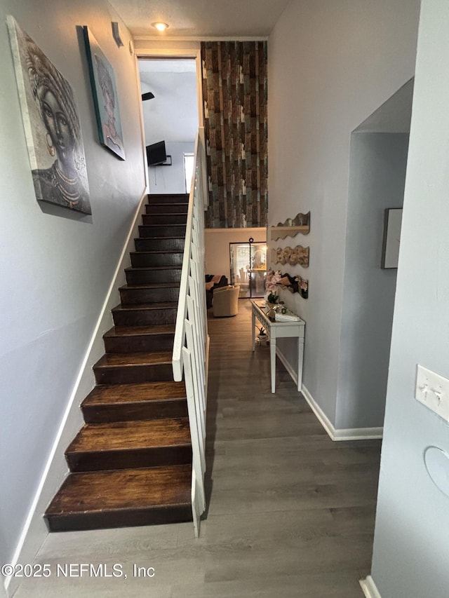 stairway with hardwood / wood-style flooring