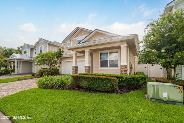 view of front of house with a porch, a front lawn, and a garage