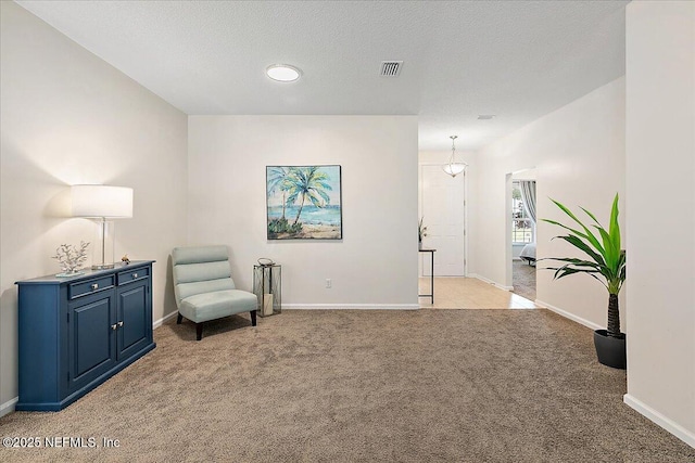 sitting room featuring a textured ceiling and light colored carpet