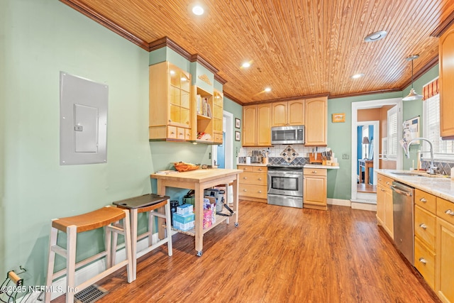 kitchen with sink, crown molding, hardwood / wood-style flooring, appliances with stainless steel finishes, and electric panel