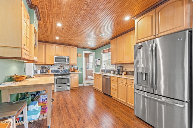 kitchen with sink, dark wood-type flooring, appliances with stainless steel finishes, ornamental molding, and decorative backsplash