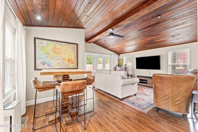 living room featuring wood ceiling, wood-type flooring, and lofted ceiling with beams