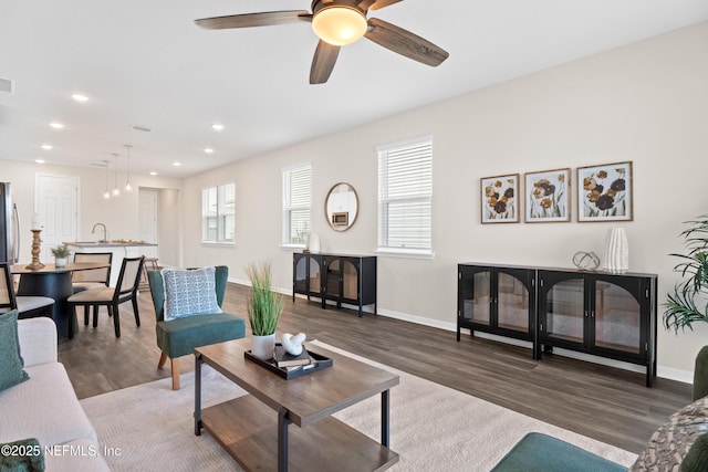 living room with ceiling fan, a wealth of natural light, and dark hardwood / wood-style floors