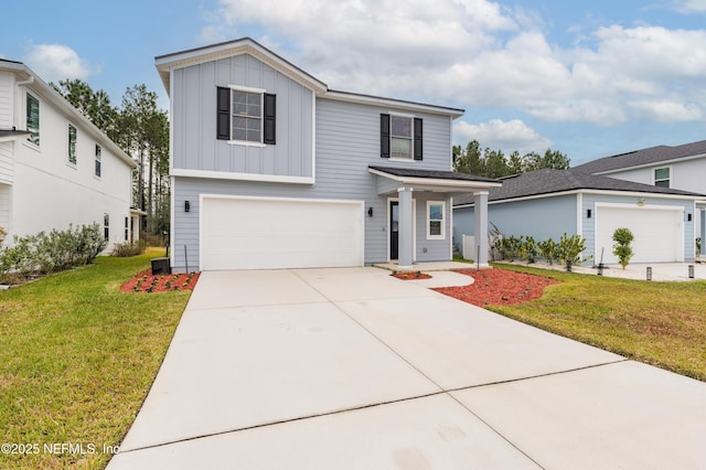 view of front of home featuring a porch, a front lawn, and a garage