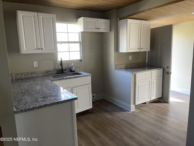 kitchen featuring sink, wooden ceiling, white cabinets, dark stone countertops, and dark hardwood / wood-style floors