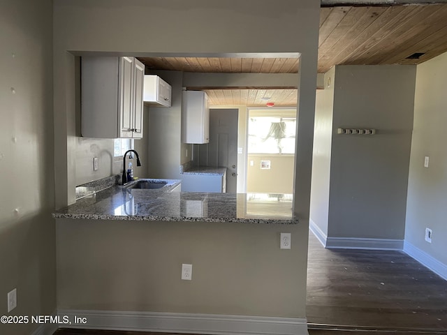 kitchen featuring sink, wooden ceiling, white cabinets, stone counters, and kitchen peninsula