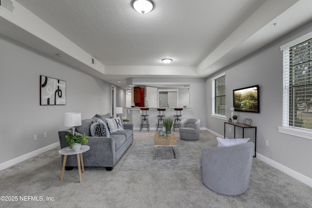 carpeted living room featuring a textured ceiling and a tray ceiling