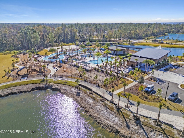 bird's eye view with a water view