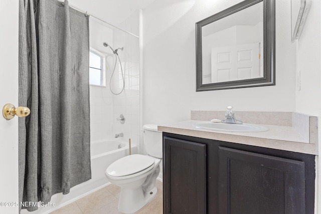 full bathroom featuring toilet, tile patterned flooring, shower / bath combination with curtain, and vanity