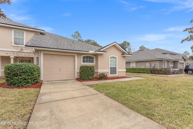 view of front of property with driveway, roof with shingles, an attached garage, a front lawn, and stucco siding