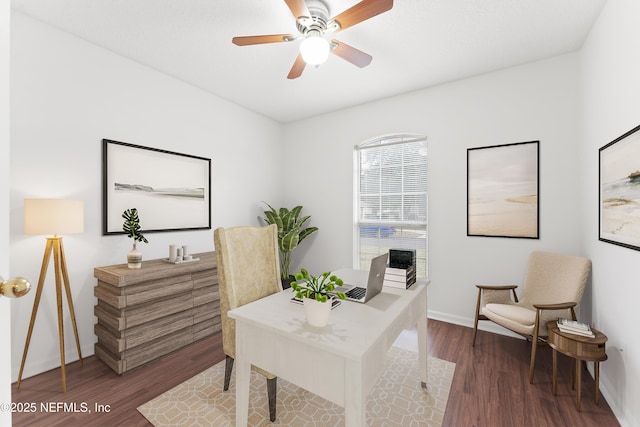 office with ceiling fan, baseboards, and dark wood finished floors