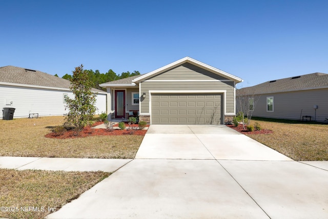 ranch-style home with a front yard and a garage