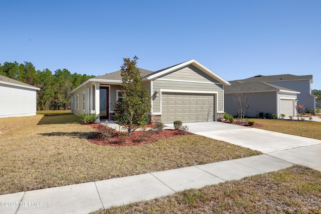 ranch-style house with a garage and a front yard