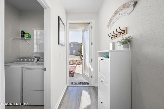 clothes washing area featuring washing machine and dryer and light hardwood / wood-style floors