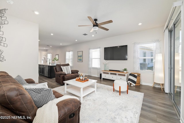 living room with ceiling fan, sink, and hardwood / wood-style floors