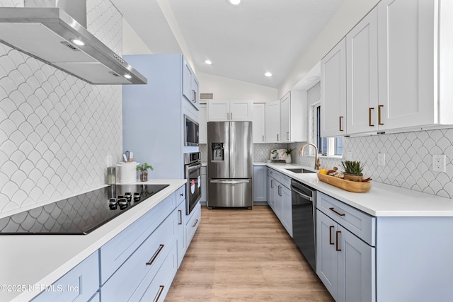 kitchen featuring sink, stainless steel appliances, white cabinetry, and wall chimney range hood