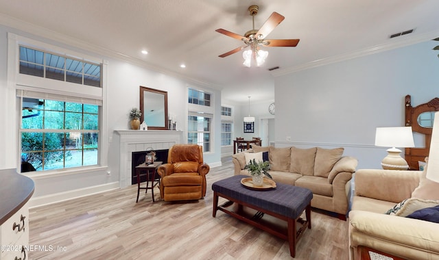 living room with ceiling fan, light wood-type flooring, crown molding, and a fireplace