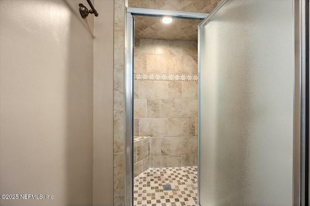 bathroom with a shower with door