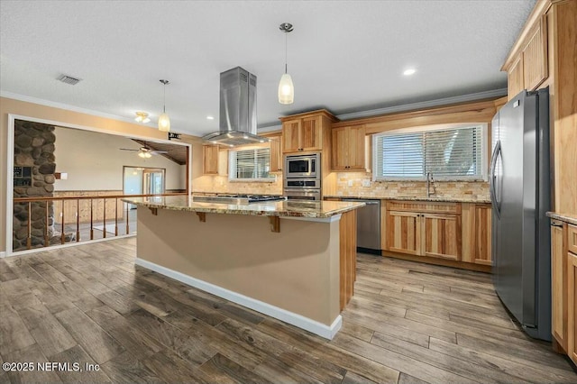 kitchen featuring stainless steel appliances, a kitchen breakfast bar, island range hood, a kitchen island, and decorative light fixtures