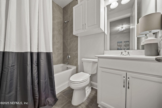 full bathroom with toilet, a textured ceiling, vanity, shower / bath combination with curtain, and tile patterned flooring