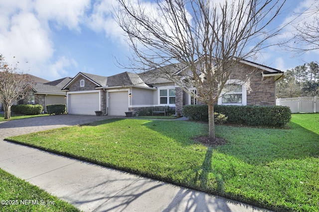 ranch-style home featuring a garage and a front yard