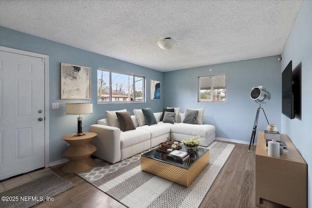 living room featuring hardwood / wood-style flooring and a textured ceiling